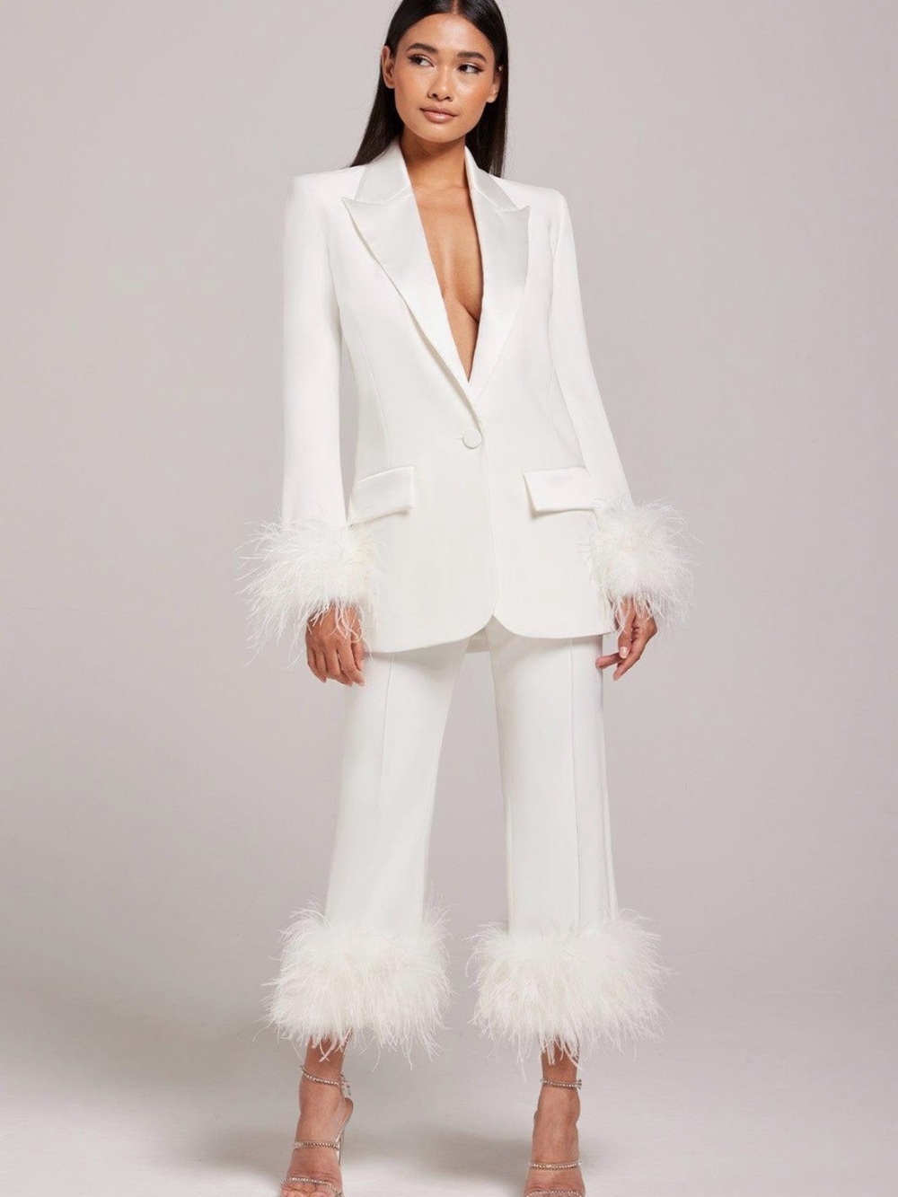NADINE MERABI Ivory Satin-Look Blazer with Gold Chain Detail
